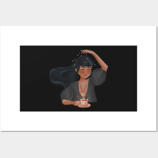 Girl character with coffee or tea and some magic Posters and Art